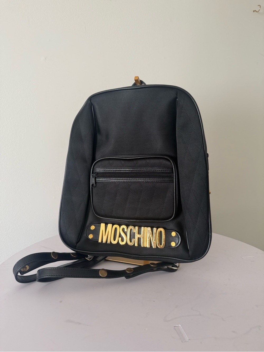 Moschino Black Backpack with Gold Logo Plaque